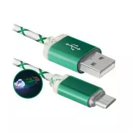 Usb-кабель defender usb08-03lt usb2.0 зеленый, led, am-microbm, 1м 87557