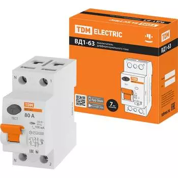 Узо TDM ELECTRIC ВД1-63 2Р, 80 А, 100 мА SQ0203-0020