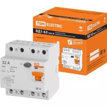 Узо TDM ELECTRIC ВД1-63 4Р 32А 30мА тип А SQ0203-0086