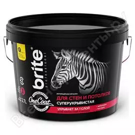 Высокоукрывистая краска для стен и потолков brite professional one coat белая, база а, ведро 2.7л о03749