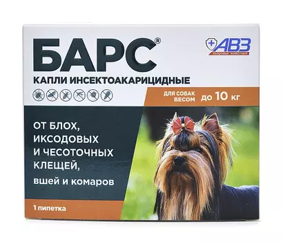 Барс инсектоакарицидные для собак до 10 кг 0,67 мл капли на холку 1 пипетка