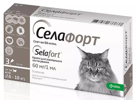 КРКА Селафорт 60 мг для кошек от 7,5-10 кг капли на холку 1 пипетка