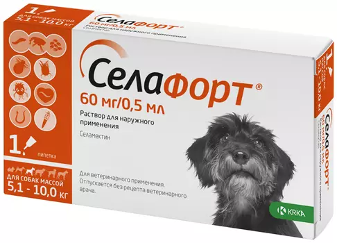 КРКА Селафорт 60 мг для собак от 5-10 кг капли на холку 1 пипетка