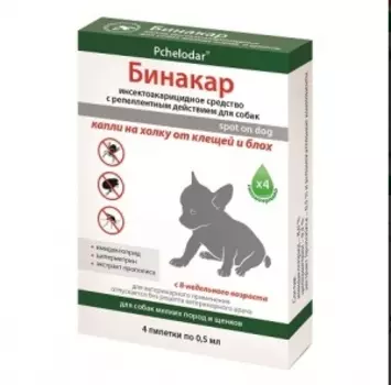 Pchelodar Бинакар весом до 5 кг от клещей и блох капли на холку 4 пипетки 0,5 мл