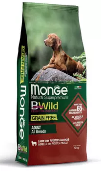 Сухой корм для собак Monge BWild Grain Free с ягненком, картофелем и горохом 12 кг