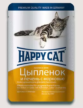 Влажный корм для кошек Happy Cat нежные кусочки в желе пауч, цыпленок и печень 0,1 кг