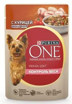 Влажный корм для собак Purina One Контроль веса для мелких пород с курицей, рисом и томатами 0,085 кг