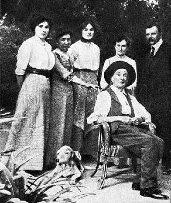 Фабр в возрасте 75 лет в кругу семьи. Слева на право: дочь Мари-Полин, жена Жозефин-Мари, дочь Анна-Элен, дочь Аглая, племянник