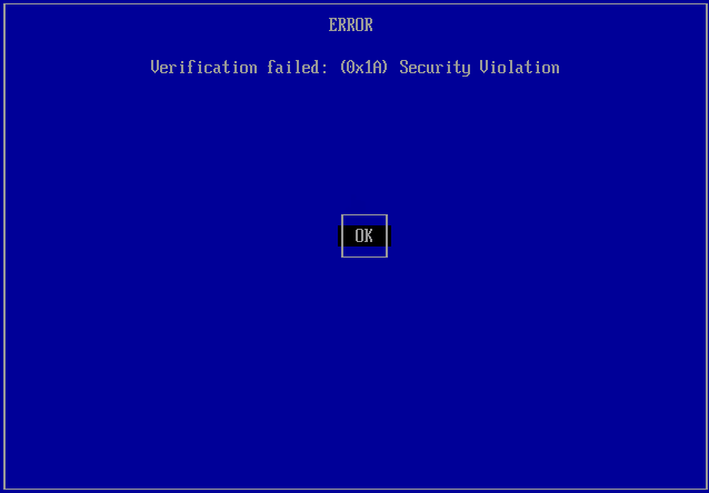 Ошибка Verification failed: 0x1A Security Violation