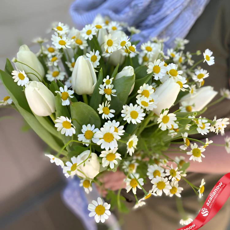 Фото 1: Букет из 15 белых тюльпанов и 10 танацетумов. Сервис доставки цветов AzaliaNow