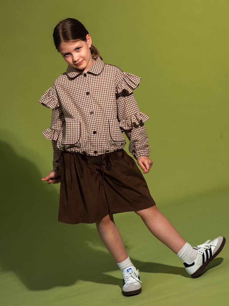 Детская блузка в клетку Виши с воланами на рукавах
