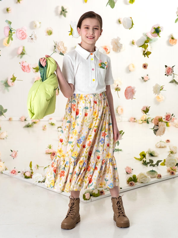 Бежевая юбка макси с цветами на девочку