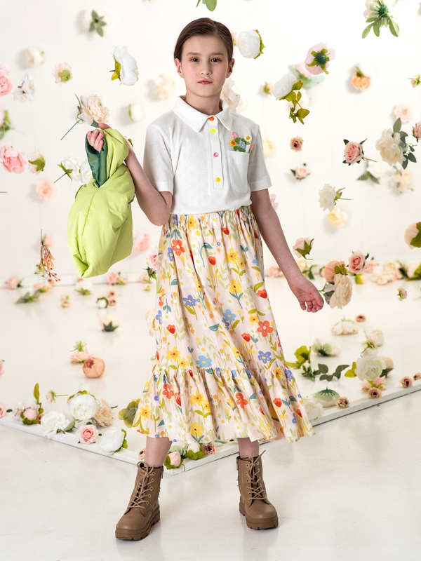 Бежевая юбка макси с цветами на девочку