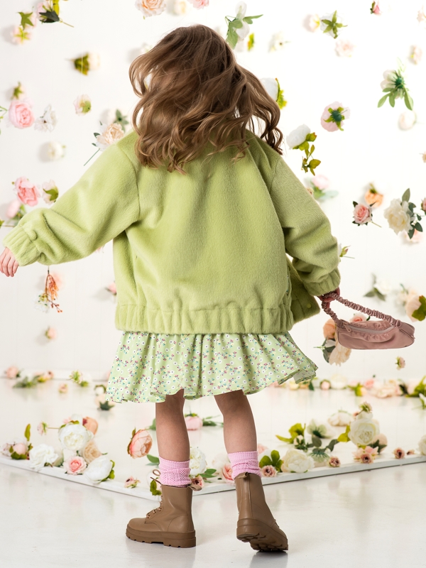 Пушистая зеленая детская куртка-бомбер на девочку