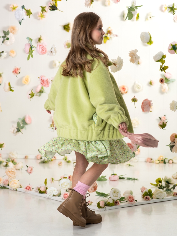 Пушистая зеленая детская куртка-бомбер на девочку