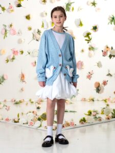 Голубой детский кардиган с гусями на девочку