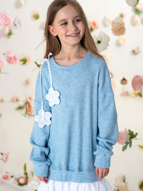 Голубое детское вязаное платье-туника на девочку