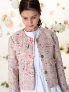 Нарядный розовый детский жакет в стиле Шанель на девочку