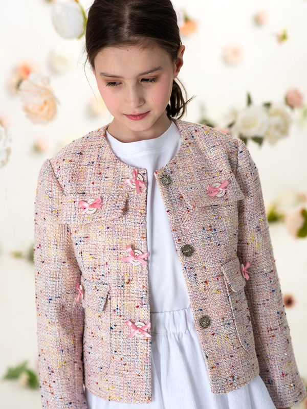 Нарядный розовый детский жакет в стиле Шанель на девочку