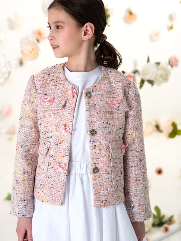 Нарядный розовый детский жакет в стиле Шанель на девочку