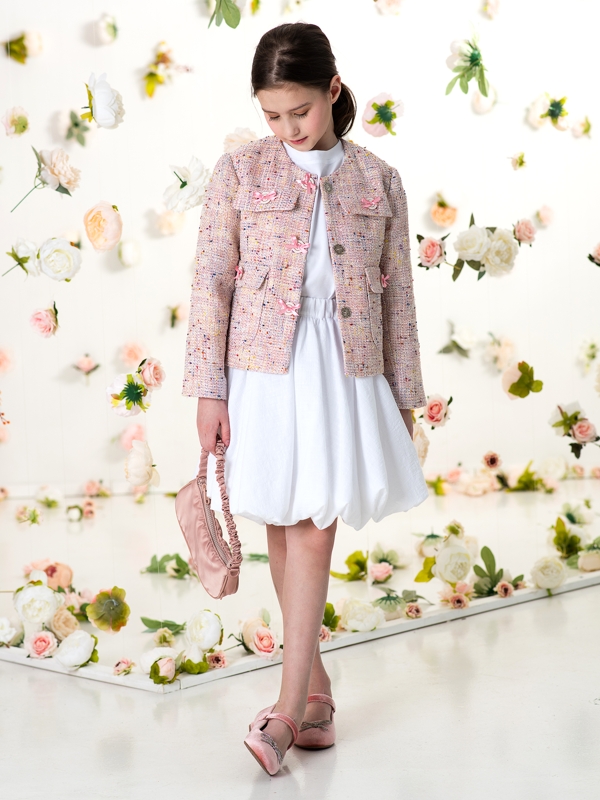 Нарядный розовый детский жакет в стиле Шанель на девочку