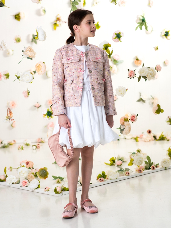 Нарядный розовый детский жакет в стиле Шанель на девочку