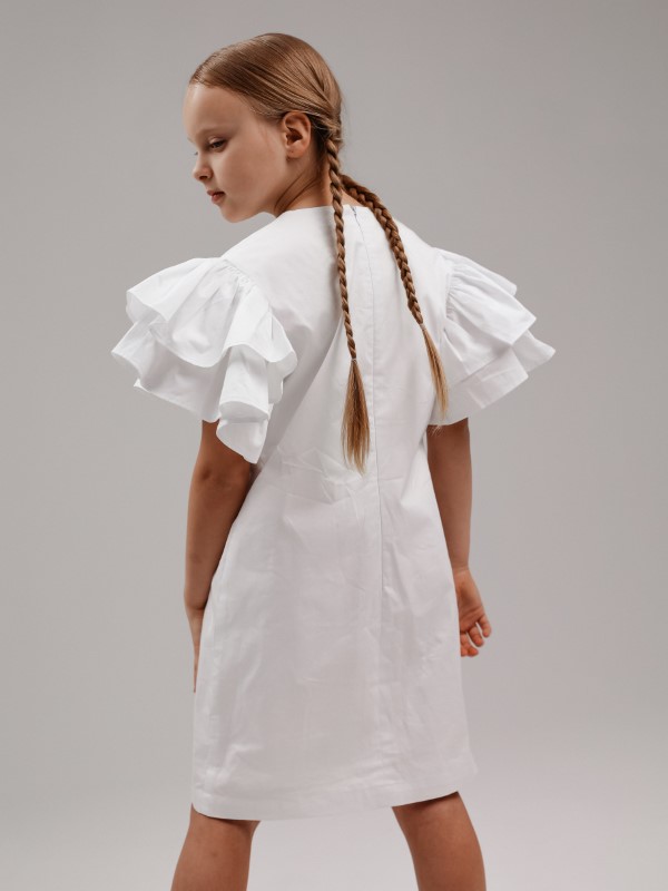 Белое Хлопковое Платье с Объемными Цветами и Рукавами Прямого Силуэта