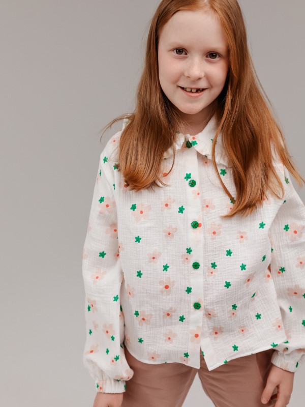 Блузка из Муслина в Цветочный Принт с Отложным Воротником и Рюшью