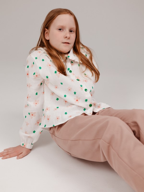 Блузка из Муслина в Цветочный Принт с Отложным Воротником и Рюшью