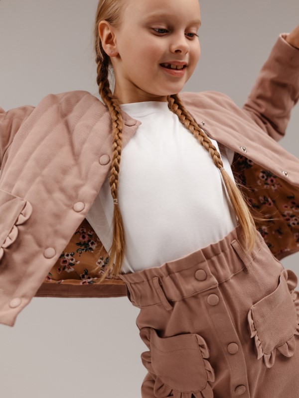 Джинсовая Юбка Бежево-Розового Цвета с Фигурными Карманами в Виде Лепестков