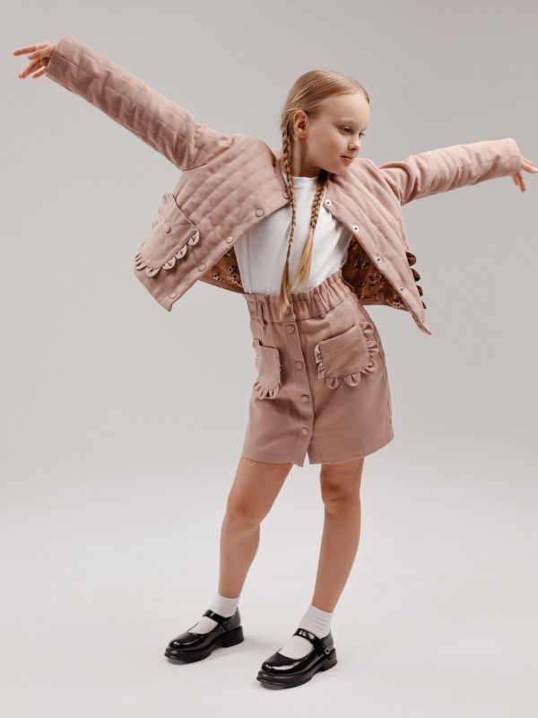 Джинсовая Юбка Бежево-Розового Цвета с Фигурными Карманами в Виде Лепестков