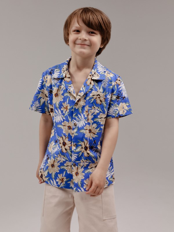 Гавайская Льняная Рубашка Унисекс в Синих и Мульти Цветах