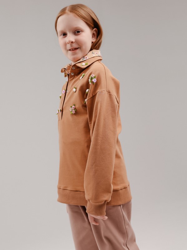 Свитшот Поло с Декором из Цветов Бежево-Терракотового Цвета из Хлопка