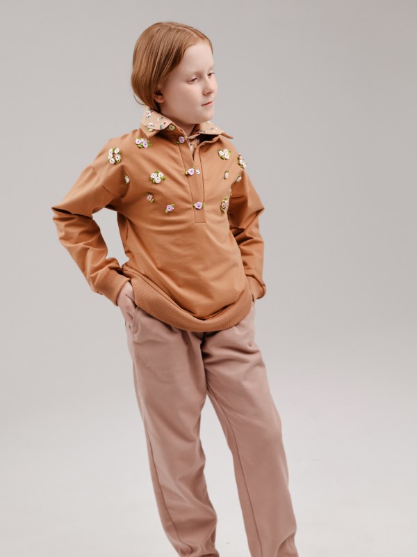 Свитшот Поло с Декором из Цветов Бежево-Терракотового Цвета из Хлопка