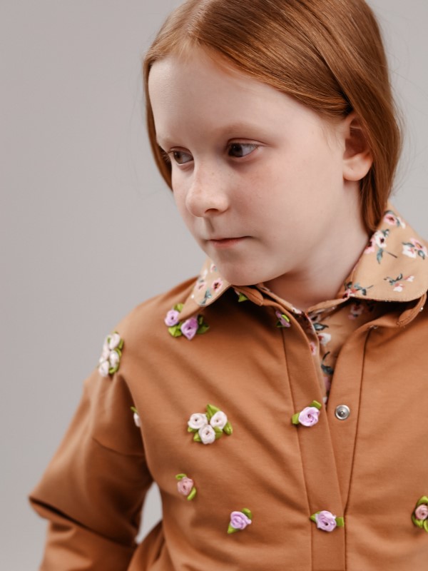 Свитшот Поло с Декором из Цветов Бежево-Терракотового Цвета из Хлопка