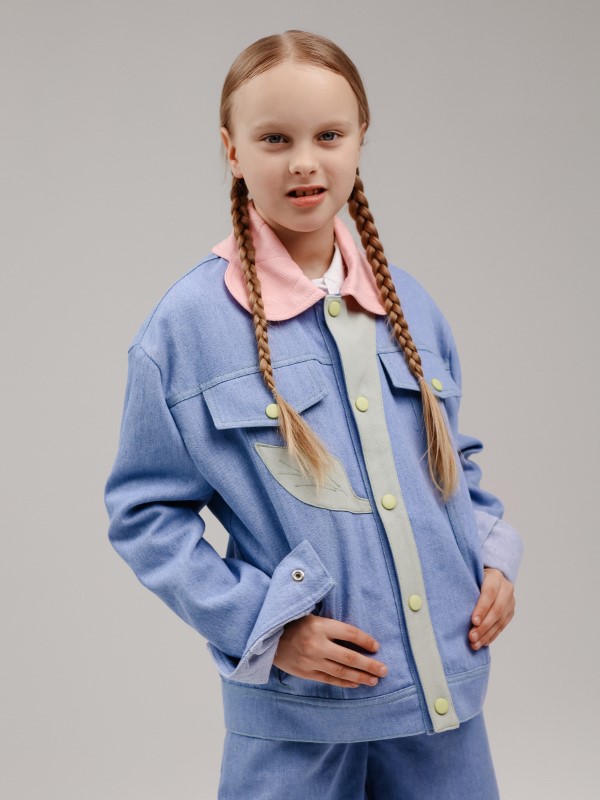 Джинсовая Куртка «Цветок» с Аппликацией Цветка на Планке и Воротнике Голубая