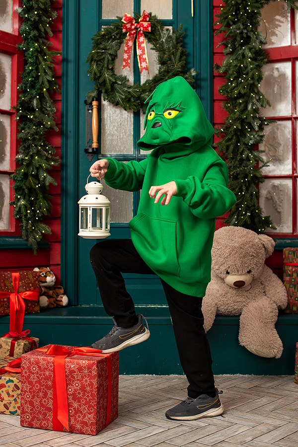 Ярко-зеленый теплый детский худи Гринч