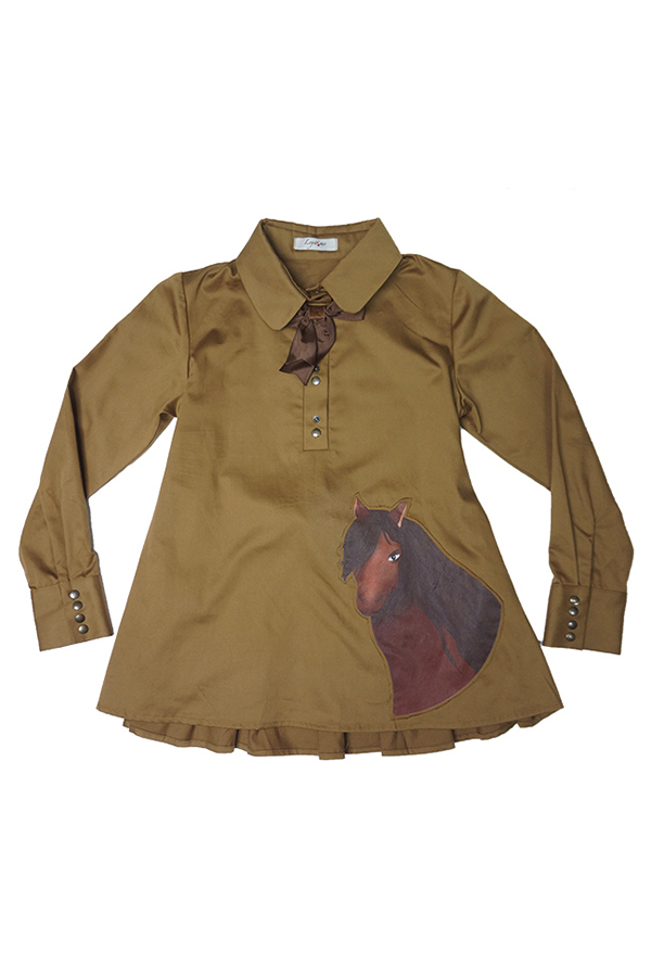 Детская блузка для девочки в виде рубашки-туники с воланом и принтом Лошадка
