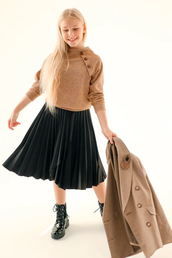 Замшевая черная плиссированная детская юбка для девочки