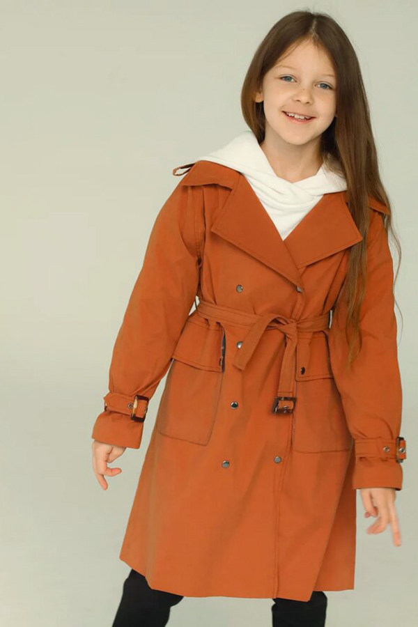 Терракотовый детский плащ-тренч с принтованной подкладкой для девочки
