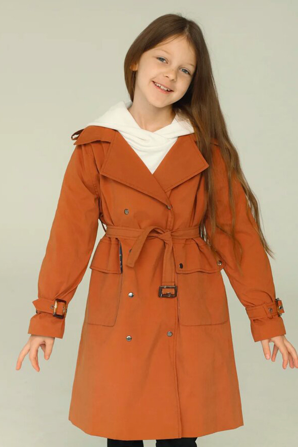 Терракотовый детский плащ-тренч с принтованной подкладкой для девочки