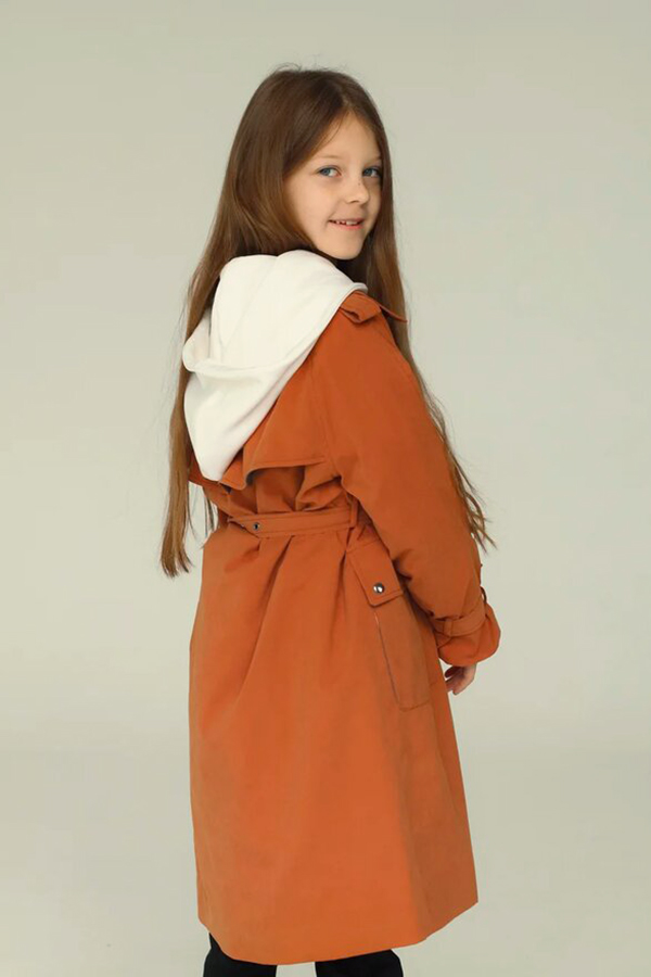 Терракотовый детский плащ-тренч с принтованной подкладкой для девочки