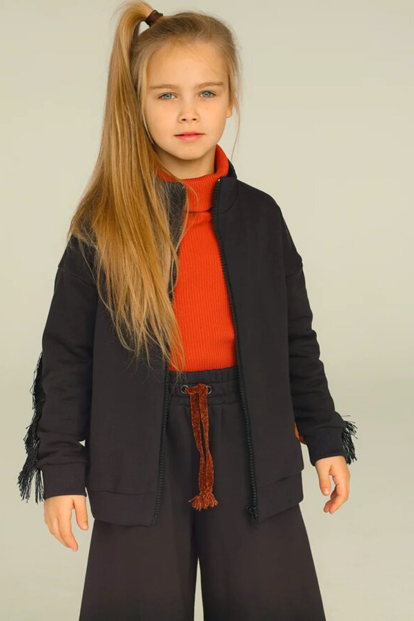 Графитово-коричневый детский бомбер для девочки с аппликацией "Лошадка" на спине