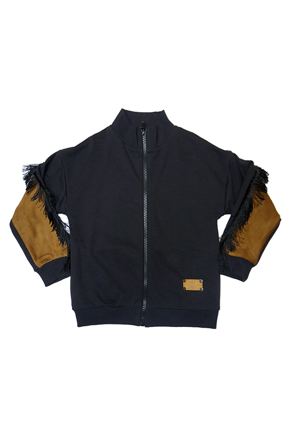 Графитово-коричневый детский бомбер для девочки с аппликацией "Лошадка" на спине