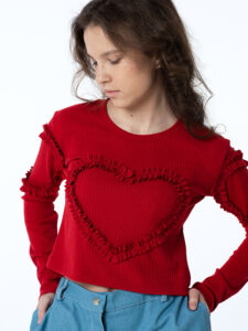 Ярко красный топ в рубчик с длинными рукавами «Море любви» для девочки