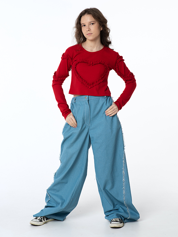 Ярко красный топ в рубчик с длинными рукавами "Море любви" для девочки