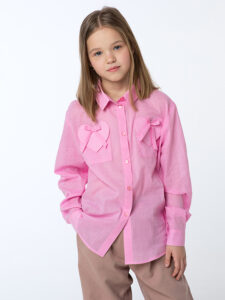Розовая рубашка для девочки с карманами-сердцами