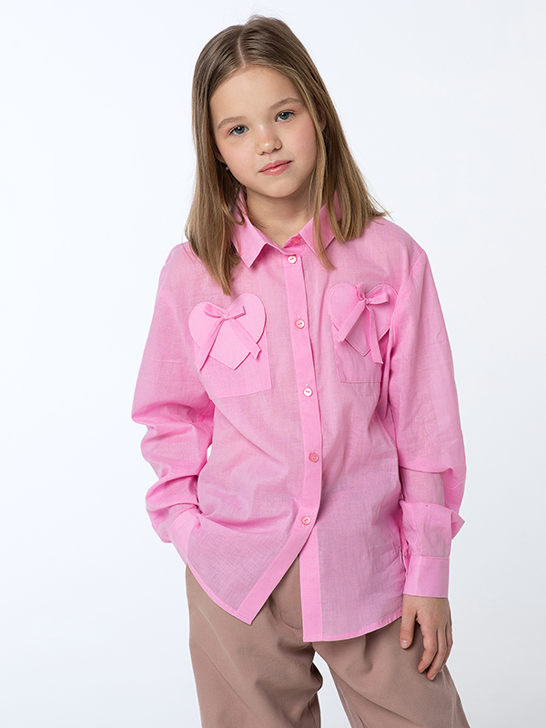 Розовая рубашка для девочки с карманами-сердцами