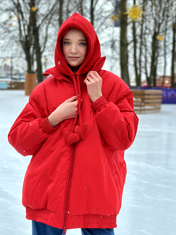 Ярко красная куртка-бомбер "Hearts alive" для девочки версия ЗИМА!