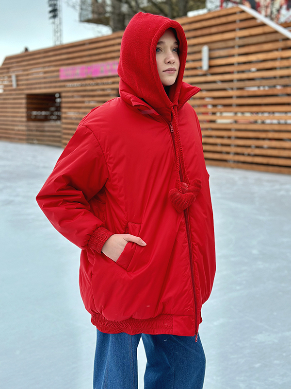 Ярко красная куртка-бомбер "Hearts alive" для девочки версия ЗИМА!